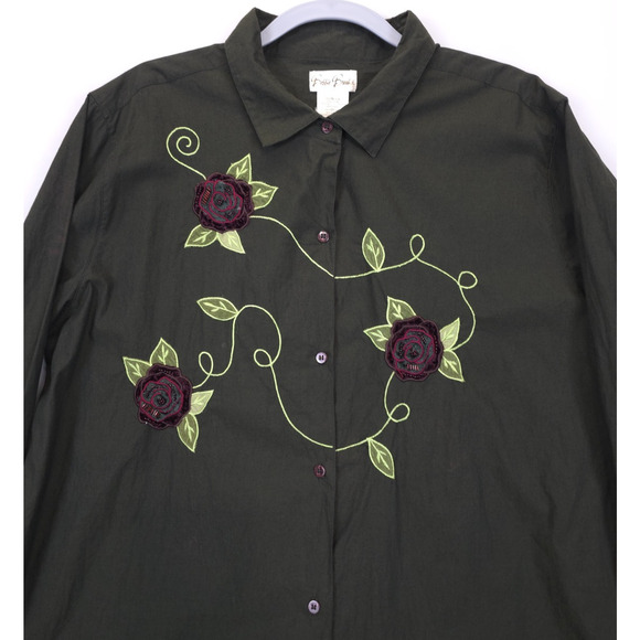 Bobbie Brooks Button Shirt Embroidered Floral Women XL Olive Western Cottagecore - Picture 11 of 14